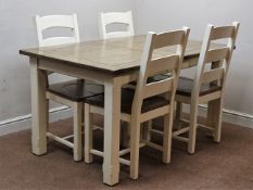 Walnut and cream finish rectangular dining table (151cm x 90cm, H79cm), and set four matching ladd