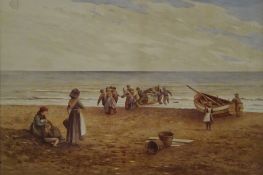 'Hauling the Boat', watercolour signed and titled by Kate E Booth (British fl.