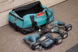 Makita four piece 18V cordless set in bag, two BTD146 impact drivers,