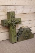 Early 20th Century large hand carved yellow sandstone cross decorated with lily foliage on top of a