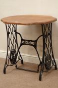 Early 20th century cast iron Singer sewing machine table base with mahogany top, 76cm x 60cm,