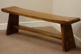 Polished hardwood rectangular stool with under-stretcher, W150cm, H48cm