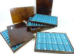 Eight early 20th Century wooden jewellery display trays with lined interior,