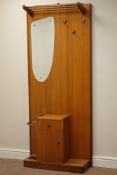 Mid 20th century vintage retro teak hall stand, cupboard and drawer, shaped mirror, W77cm, H181cm,