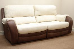 Large two seat manual reclining two tone sofa, upholstered in brown and cream fabric,