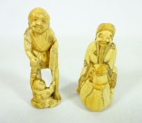 Two 19th Century ivory Netsukes depicting a figure with bag and another figure playing with child,