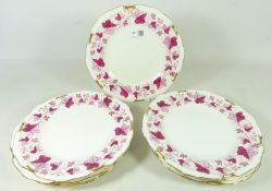 Set of nine Royal Crown Derby 'Maroon Maple Leaf' pattern dinner plates (9) Condition