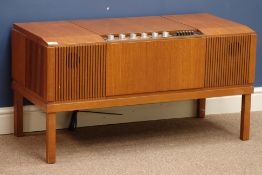 1970's vintage retro HMV teak cased radiogram, BSR UA70 turntable and VHF FM radio, W97cm, H51cm,