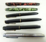 Four 20th Century fountain pens; two Parkers, Mentmore, Onoto,