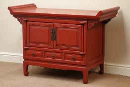 Chinese style red lacquered altar cabinet, double panelled cupboard and three drawers, W114cm,