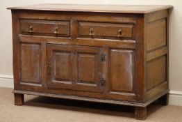 Early 19th century pine panelled sideboard, cupboard and two drawers, moulded rectangular top,
