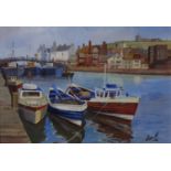 Whitby Harbour, oil on canvas board signed by Don Micklethwaite (British 1936-),