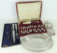 French silver plated cased carving set, continental silver plated serving tray,