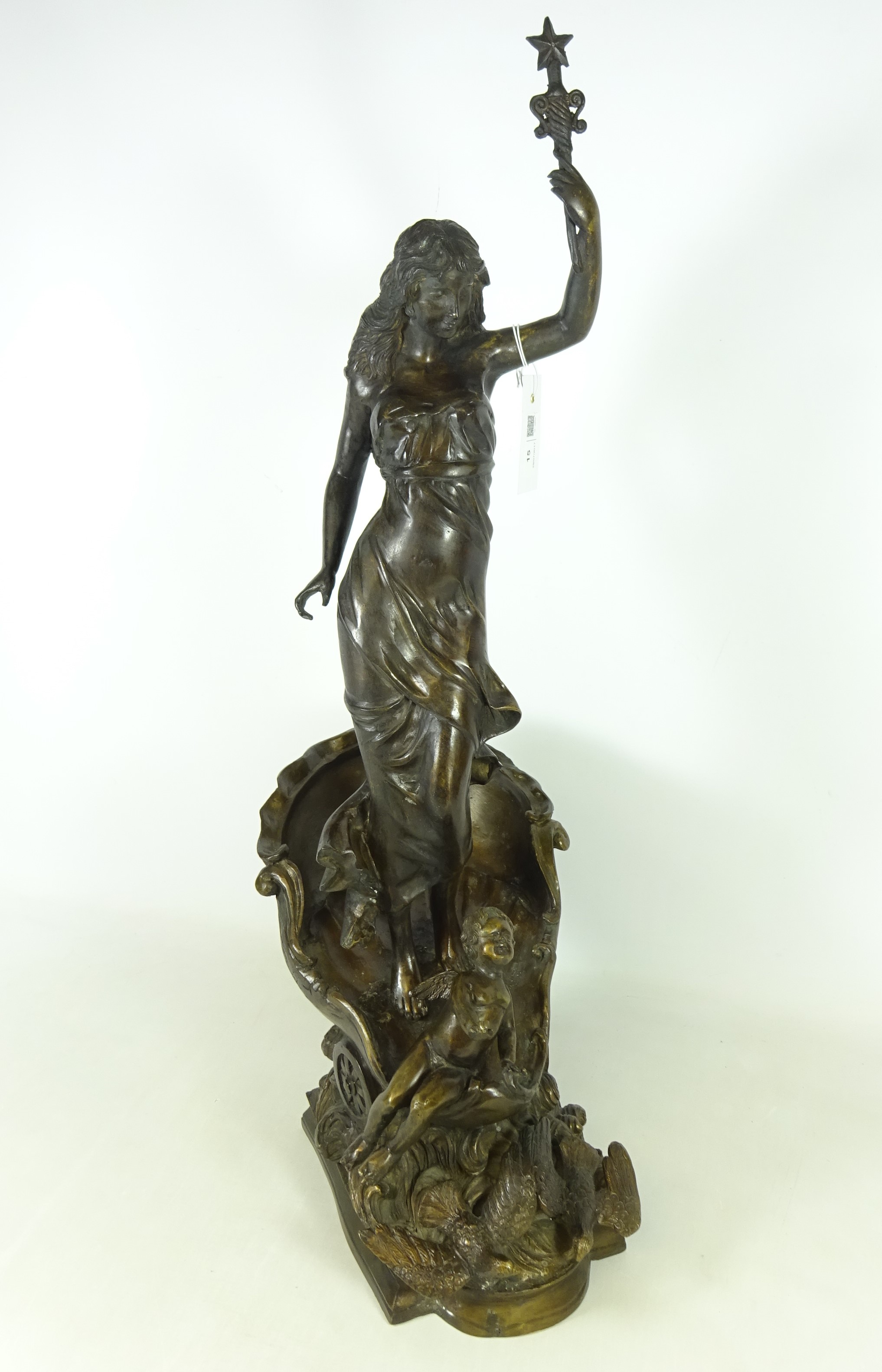 Large early 20th Century cast bronze figure of Venus on shell chariot with Cupid at her feet and
