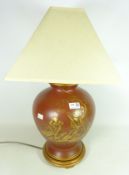 Oriental pottery gilded table lamp depicting performers,