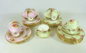 Royal Albert 'Rose Cameo Green', 'Rose Cameo Pink' and 'Rose Cameo Violet' teaware,