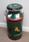 Large milk churn decorated with chickens,