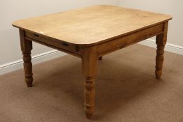 Victorian rectangular pine dining table and later top with rounded corner, W153cm, L113cm,