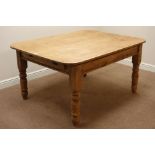 Victorian rectangular pine dining table and later top with rounded corner, W153cm, L113cm,