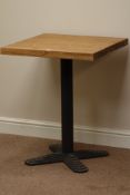 Square 'pub' style table, waxed pine top on cast iron base, W60cm,