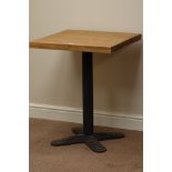 Square 'pub' style table, waxed pine top on cast iron base, W60cm,