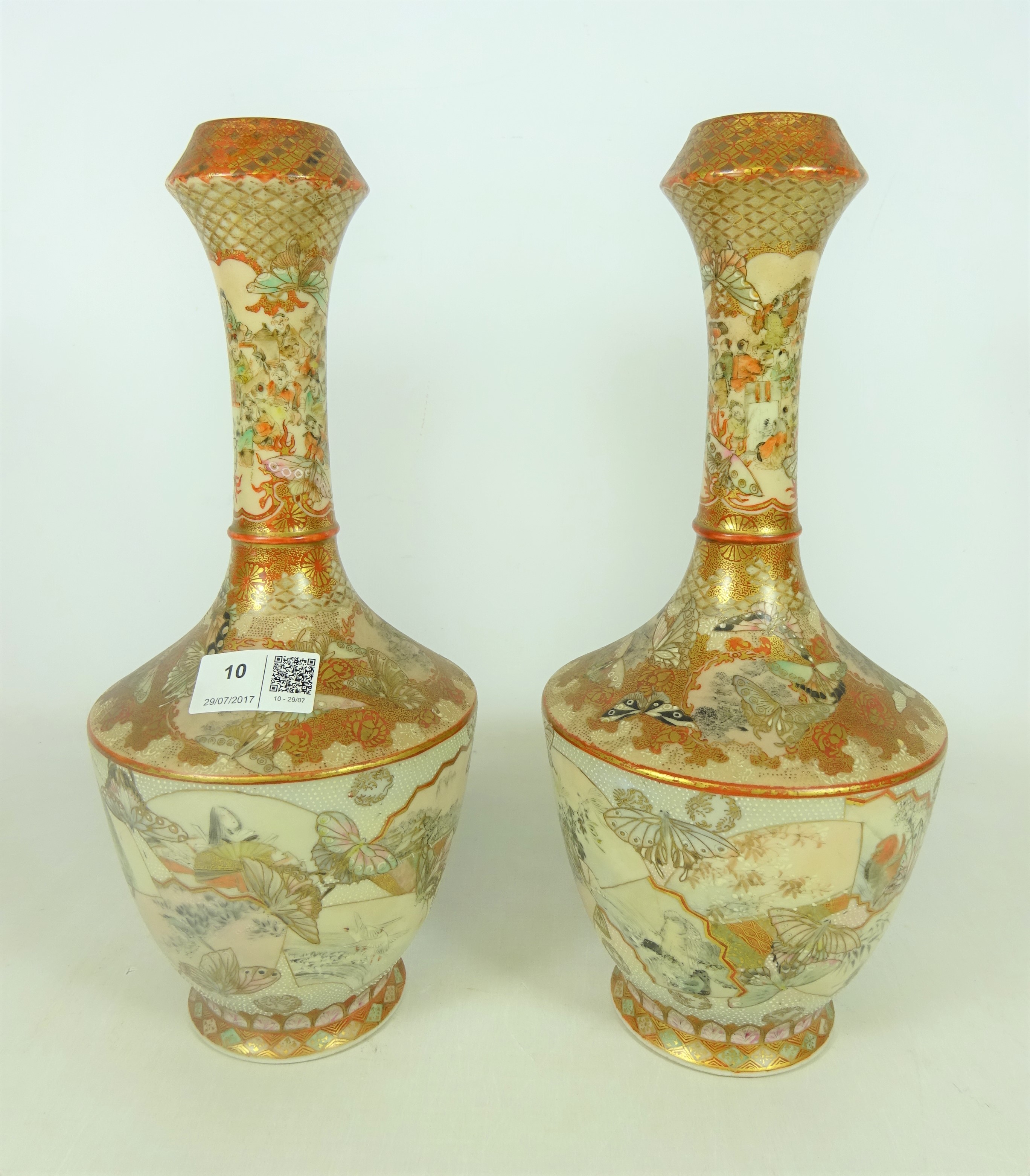 Pair of 19th/ early 20th Century Japanese Satsuma bottle vases decorated with figures,