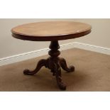 Victorian mahogany loo table, oval top on turned base, L122cm, W90cm,