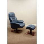 Swivel armchair and matching footstool upholstered in blue leather Condition Report