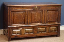 18th century oak mule chest, triple panelled front with panelled sides and back,