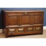 18th century oak mule chest, triple panelled front with panelled sides and back,