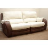 Large two seat manual reclining two tone sofa, upholstered in brown and cream fabric,