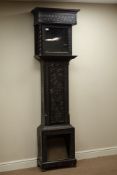 19th century heavily carved ebonised oak longcase clock case, 'Time Flies' carved to frieze.