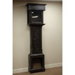 19th century heavily carved ebonised oak longcase clock case, 'Time Flies' carved to frieze.