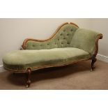 Victorian walnut framed chaise longue, serpentine back and frieze, carved detail,