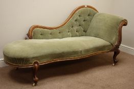 Victorian walnut framed chaise longue, serpentine back and frieze, carved detail,