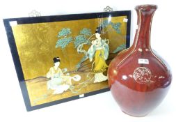 Sang De Boeuf glazed bottle vase H50cm and a lacquered panel decorated with Japanese women (2)