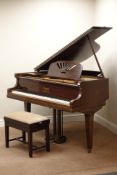 Kirkman baby grand piano, iron framed and overstrung with stool, W142cm,