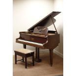 Kirkman baby grand piano, iron framed and overstrung with stool, W142cm,