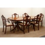 Regency style mahogany and satinwood banded tilt top twin pedestal dining table with leaf (H73cm,