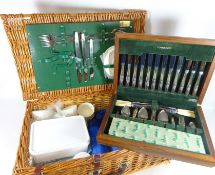 Optima wicker picnic hamper and a Vintage canteen of community plate in teak case