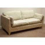 Rattan three seat sofa (W192xm) with linen loose cushions and matching armchair Condition