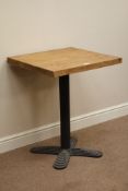 Square 'pub' style table, waxed pine top on cast iron base, W60cm,