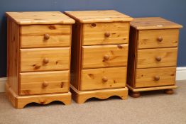 Pair pine three drawer bedside chests and another pine bedside (3) Condition Report