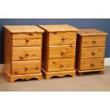 Pair pine three drawer bedside chests and another pine bedside (3) Condition Report