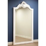 Large Louis XVI style white framed bevelled edge wall mirror with hand carved pediment,