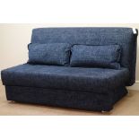 Two seat metal action sofa bed upholstered in navy blue fabric,