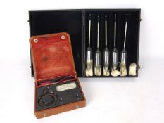Small Avo Multiminor meter in leather case and a part set of J W Towers mercury Hydrometers in case