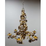 Italian gilded six branch chandelier with rose decoration,