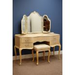 Light walnut French style dressing table with triple mirror and stool,