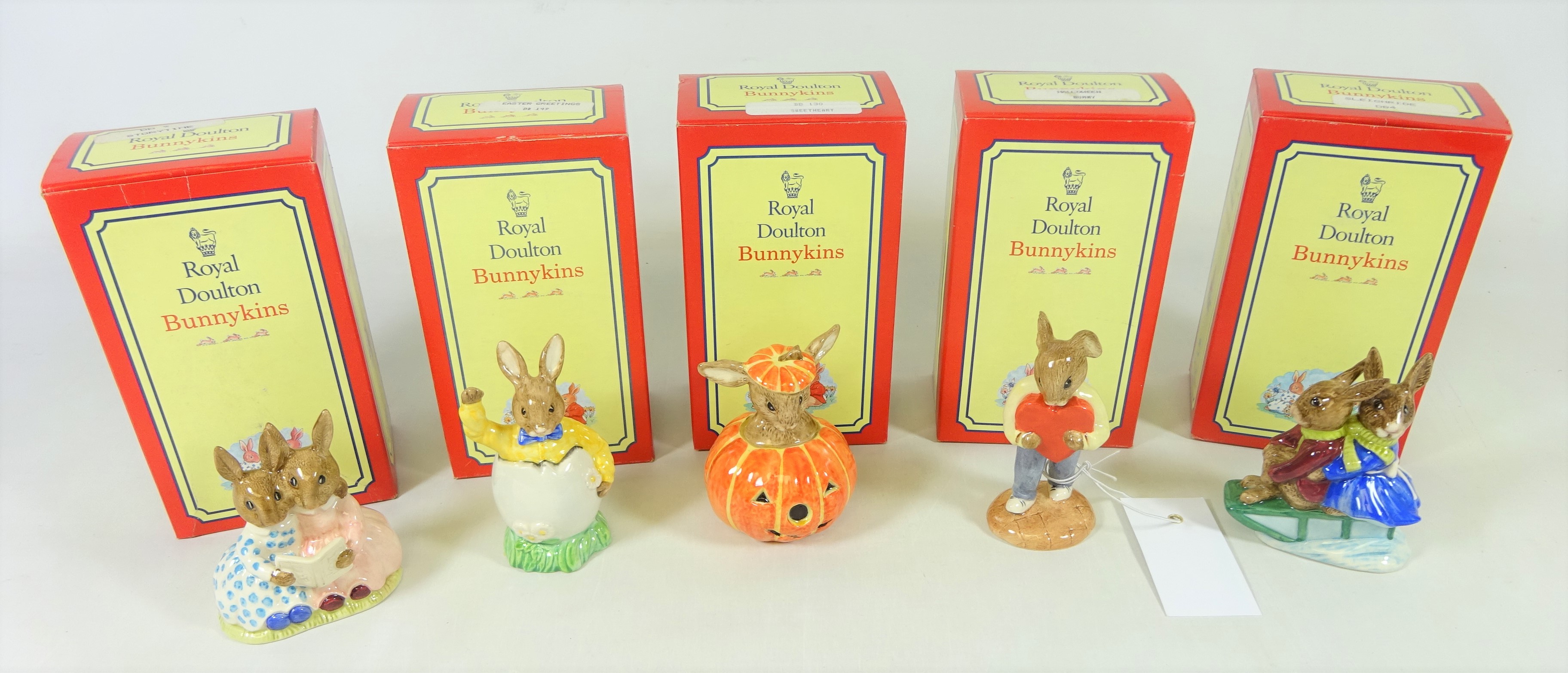 Five Royal Doulton Bunnykins; Sleigh Ride, Story Time, Halloween, Easter Greetings and Sweetheart,